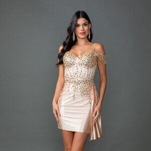 New Champagne Off Shoulder Short Cocktail Dress w/ Side Drape & Leg Slit DQ 3426